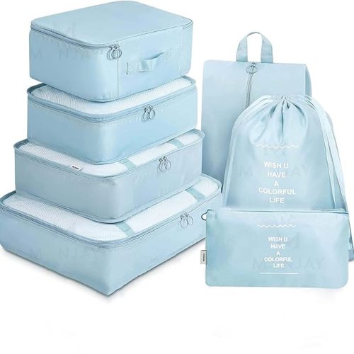 MONJAY 7pcs Set Travel Organizer Packing Cubes Lightweight Travel Luggage Organizers with Laundry Bag or Toiletry Bag Laundry Organiser (7 PCS, Korea Blue), Polyester